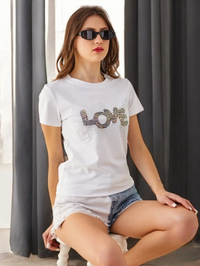 Royalfashion Damen Baumwoll-T-Shirt LOVE mit Rhinestones