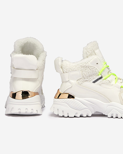 Weiße Damen-Sportschuhe mit Pelz und neongrünen Schnürsenkeln Sagglo- Footwear