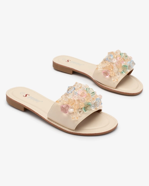 Жіночі шльопанці Royalfashion Бежеві з різнокольоровими кристалами Bling Breeze