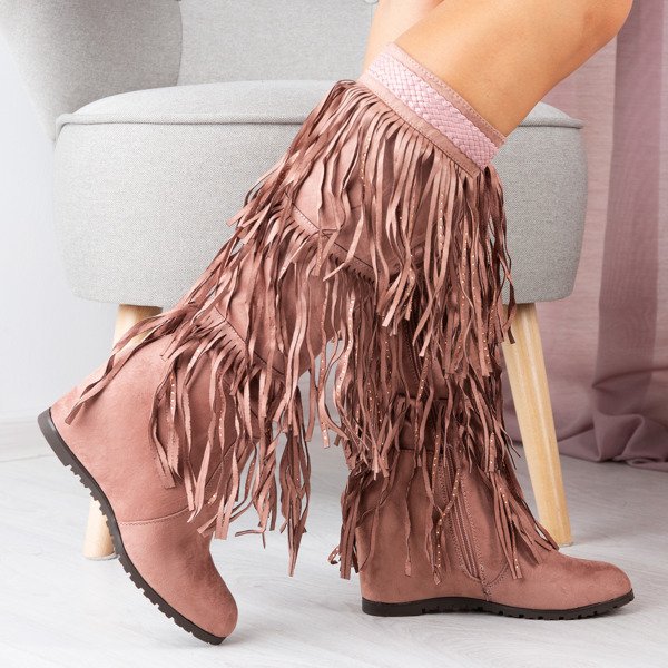Rosa Stiefel mit Keilabsatz und Bahroma-Fransen - Schuhe