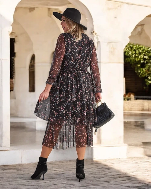 Royalfashion Чорна візерунчаста жіноча максі-сукня