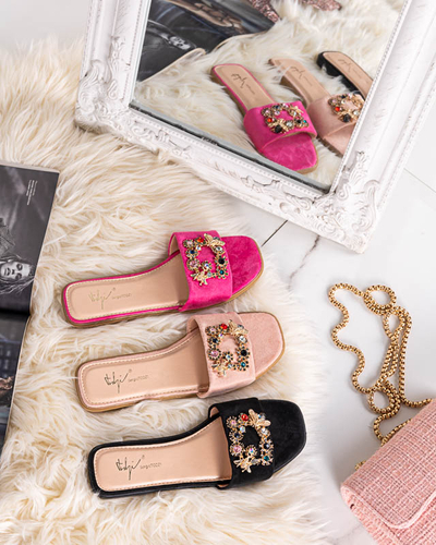 Schwarze Öko-Wildleder-Hausschuhe für Damen mit goldener Schnalle Komi- Footwear