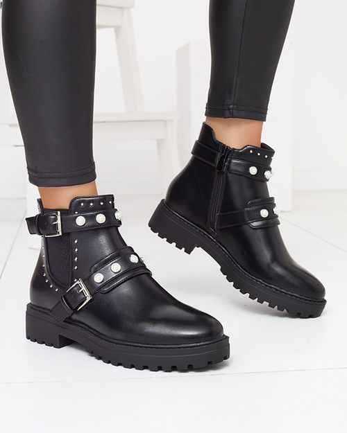 Ботильйони жіночі з еко шкіри з перлами чорного кольору Saalo- Footwear