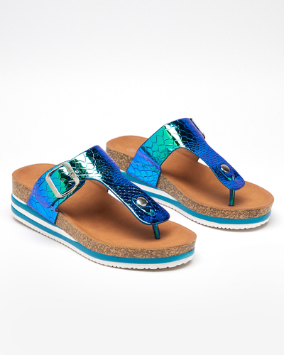 Blaue holografische Damen-Flip-Flops auf dem Keilabsatz Firio - Schuhe