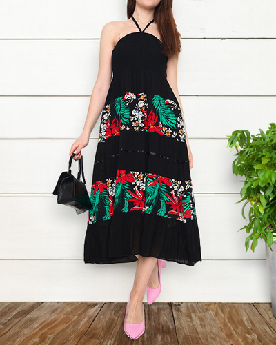 Schwarzes Midikleid mit Blumenmuster für Damen - Kleidung