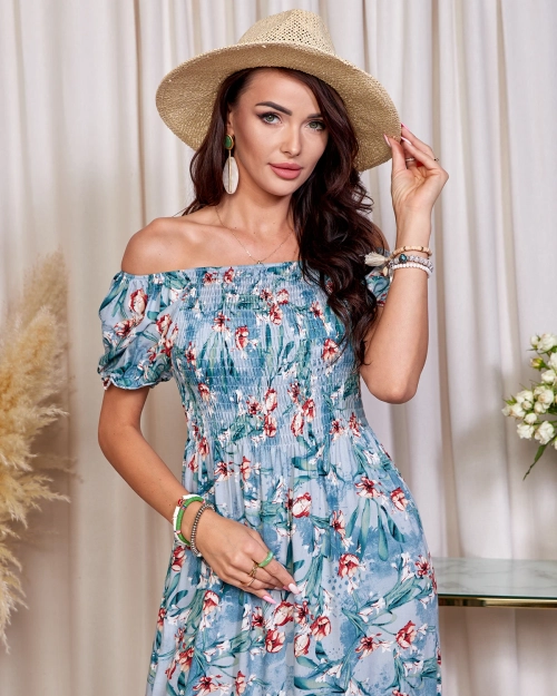 Синя жіноча квітчаста сукня міді - Одяг