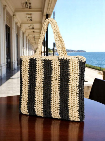 Royalfashion Große Strohtasche für Damen, Strohtasche mit Streifen