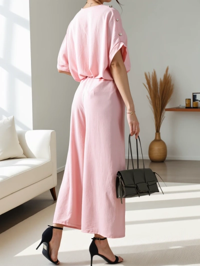 Royalfashion Damen Freizeit-Set mit kurzärmeliger Bluse und weiten Hosen