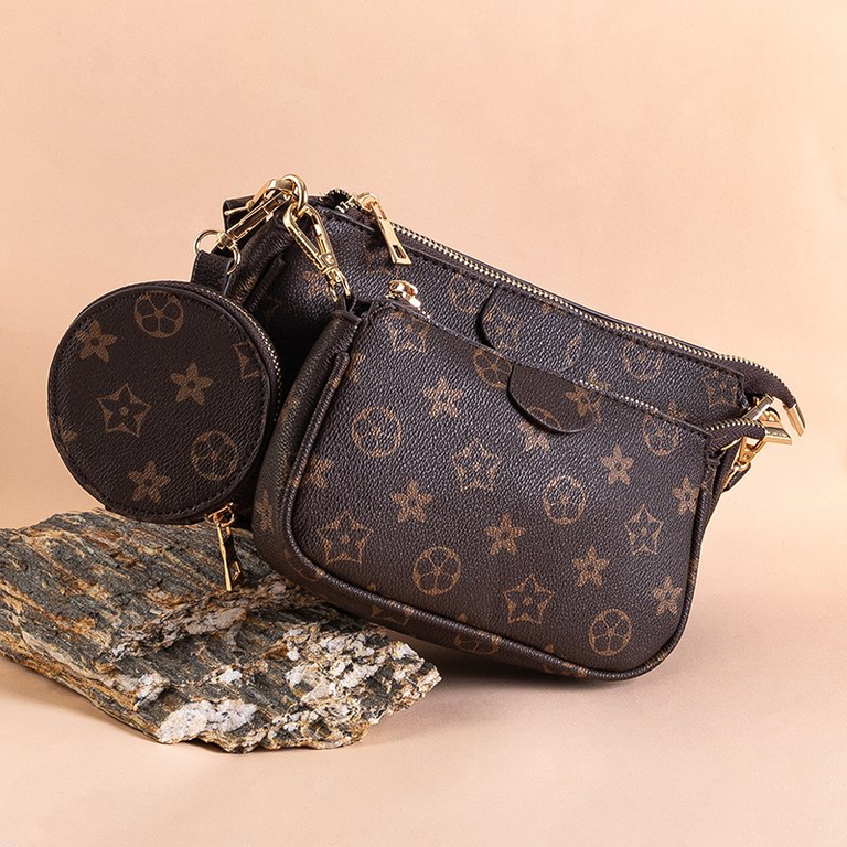 Gemusterte dreiteilige braune Damenhandtasche - Handtaschen