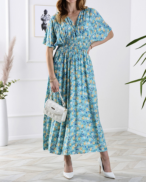 Синя жіноча сукня міді з квітковим візерунком - Одяг