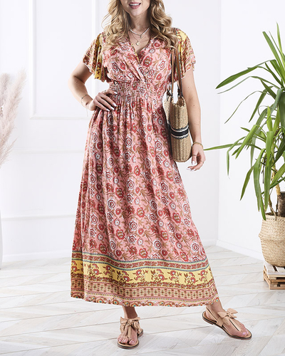 Damen Maxikleid mit Blumenmuster in Rosa- Kleidung