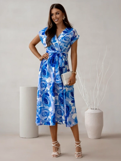 Royalfashion Damen-Midikleid mit kurzen Ärmeln, Wickelausschnitt in Rosen
