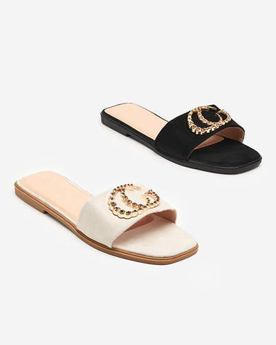 Öko-Veloursleder-Hausschuhe in Beige mit goldenem Hana-Ornament - Schuhe