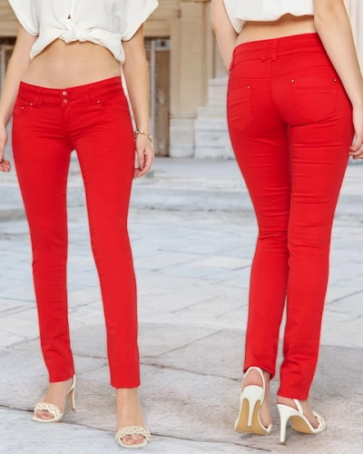 Damen Rote Stoffhose mit niedrigem Bund - Kleidung