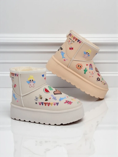 Lemuria Stiefeletten - Cremefarbene Doodle Schneestiefel mit dicker Furrini Sohle