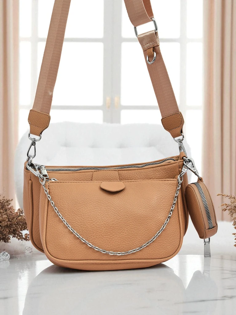 Damenhandtasche Aurora Multi aus Öko-Leder hellbraun Kette Reißverschluss