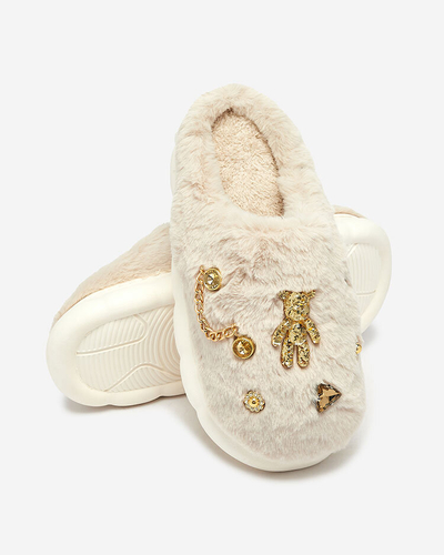 Royalfashion Beige Damenpelzpantoffeln mit Ornamenten Erserra
