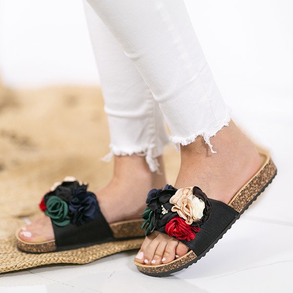 Schwarze Flip Flops mit dekorativen Blumen Vilena - Footwear