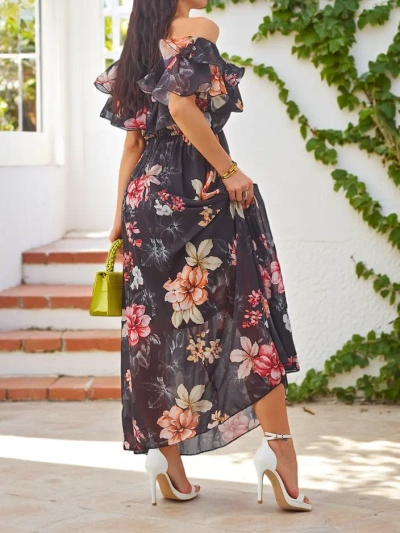 Royalfashion Damen Off-Shoulder Kleid mit kurzen Ärmeln in verschiedenen Blumenmustern