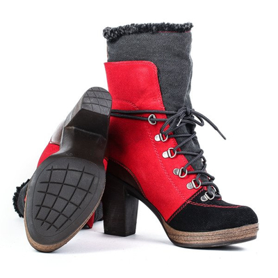 Red-black boots on the post with sheepskin coat - Footwear