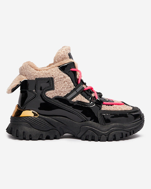 Чорні жіночі спортивні кросівки з хутром та неоново-рожевими шнурками Adbo- Footwear