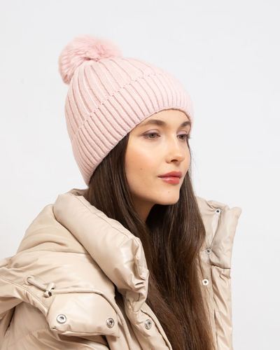 Graue, isolierte, glänzende Damenmütze mit Bommel - Accessoires