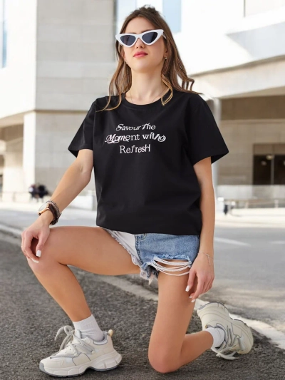 Royalfashion Baumwolle Damen T-Shirt Den Moment genießen Mit Refresh