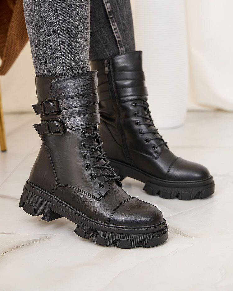 Royalfashion Eco Leder Damen Baggerstiefel in schwarz Faserti