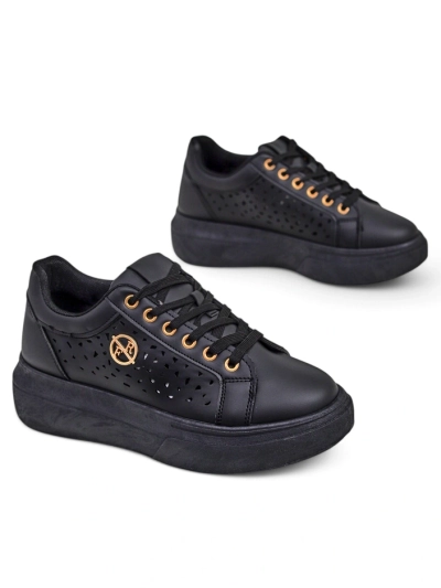 Damen-Sneakers Kalista Nero - schwarze Plateaus aus Öko-Leder, Frühlingskollektion