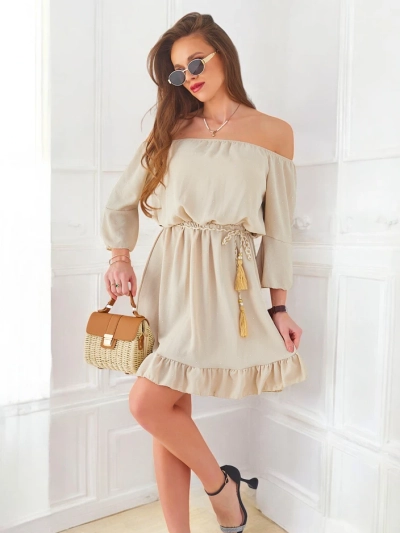 Royalfashion Damen Mini-Kleid schulterfrei mit langen Ärmeln und Strasssteinchen