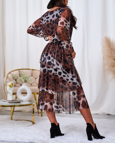 Royalfashion Schwarzes und braunes Midikleid aus Mesh mit Print