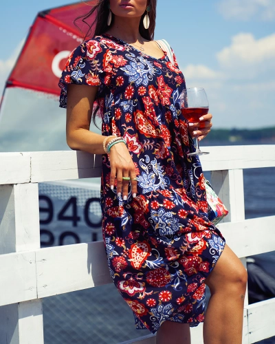 Royalfashion Marineblaues Damenkleid mit buntem Blumenmuster