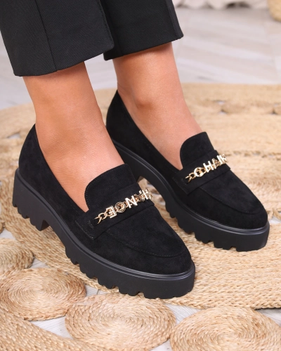 Schwarze Damenmokassins mit Goldverzierung Terreki-Schuhe