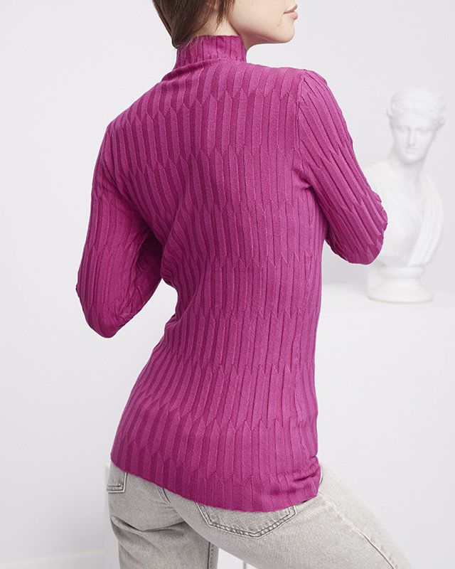 Fuchsia gerippter Damenpullover mit Stehkragen - Bekleidung