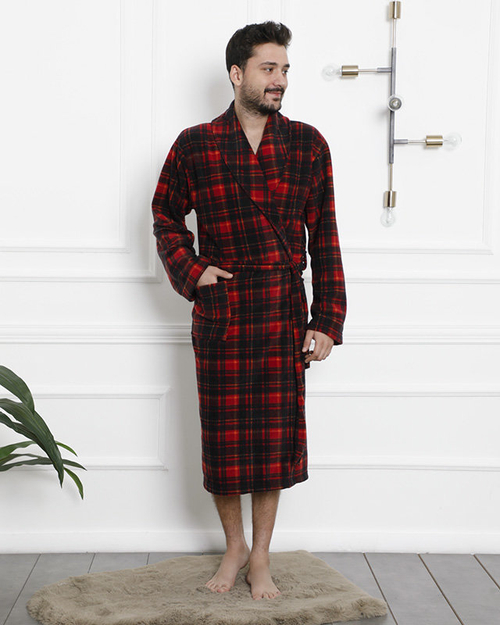Червоно-чорний чоловічий халат в клітинку - Одяг