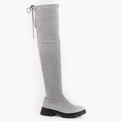 Graue Overknee-Stiefel aus Wildleder mit flachem Absatz Engi- Footwear