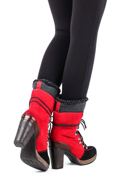 Red-black boots on the post with sheepskin coat - Footwear