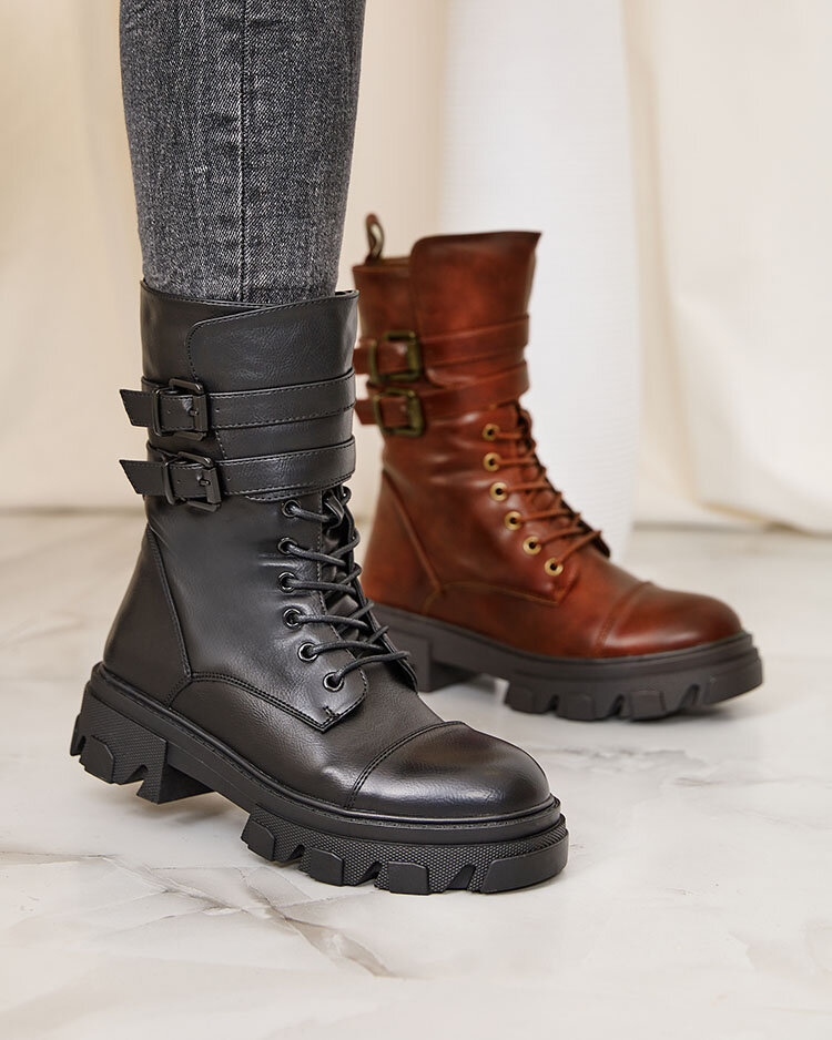 Royalfashion Eco Leder Damen Baggerstiefel in schwarz Faserti