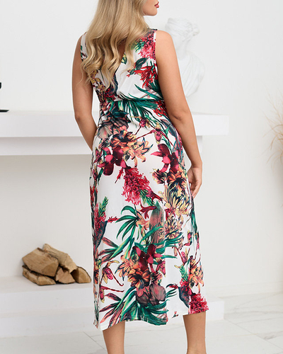 Weißes Damen-Midikleid mit bunten Blumen - Kleidung