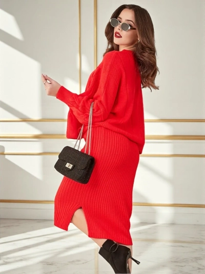 Royalfashion Acryl geflochtenes Damen-Set mit Pullover und Rock Warm&Fuzzy