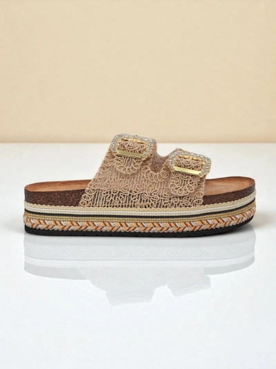 Royalfashion Damensandalen mit Strassschnallen GlamCork