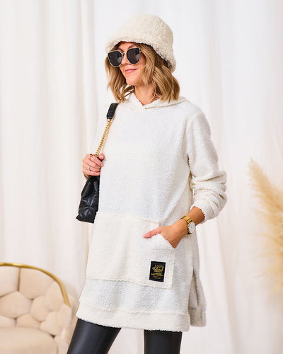 Royalfashion Cremefarbener langer Damenpullover mit Kapuze