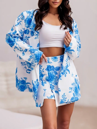 Royalfashion Florales Damen-Set mit gebundenem Blazer und Shorts-Rock