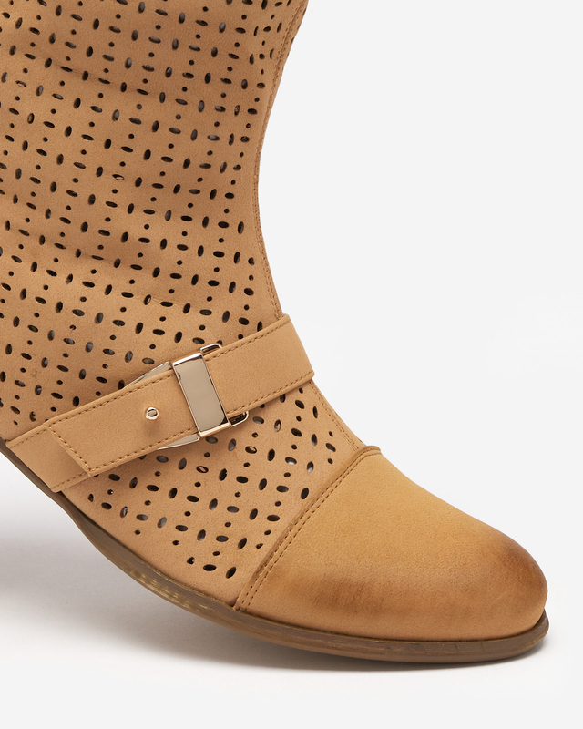 Kamelfarbene durchbrochene Stiefel mit flachem Absatz Weiluna - Footwear