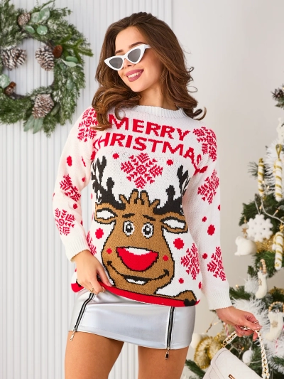 Royalfashion Weißer Weihnachtspulli mit Rentier