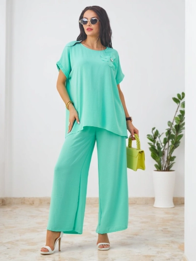Royalfashion Damen-Set mit kurzen Ärmeln, dekorativem Blumenmotiv und weit geschnittenen Hosen