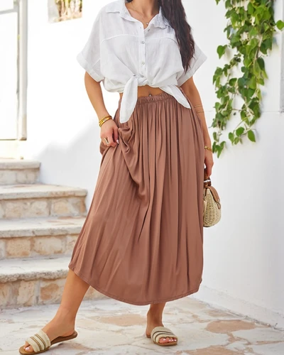 Royalfashion Damen Woven Midi Sommerrock leicht und fließend mit zwei Taschen