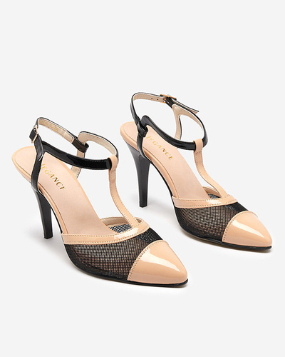 Beige-schwarze Damensandale auf hohem Absatz mit bedeckten Fingern Niddl- Footwear