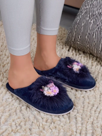 Royalfashion Damen-Fellhausschuhe mit Blumen Ederra