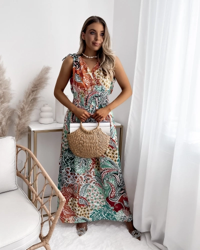 Gemustertes grün-orangefarbenes Midikleid für Damen Kleidung